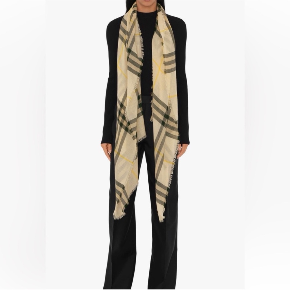 Burberry Green and Yellow Motif Check Scarf
